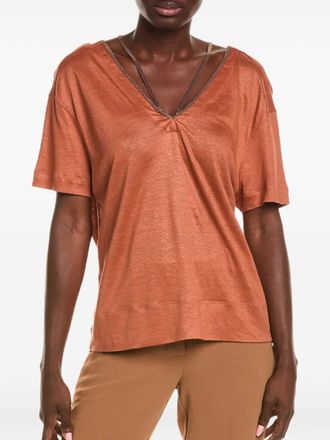 Brunello Cucinelli embellished V-neck T-shirt - Orange