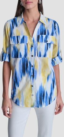DKNY Printed Roll-Tab Cuff Cotton Button-Up Shirt in Sunlit Shoreline at Nordstrom, Size X-Small