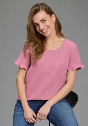 Laura Scott R&uuml;schenbluse LAURA SCOTT, Damen, Gr. 34, beere, Web, Obermaterial: 100% Baumwolle, unifarben, figurumspielend, Rundhals, eingesetzt R&uuml;schen, Blusen R&uuml;