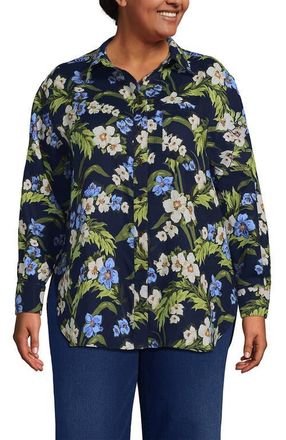 Lands End Linen Oversized Button Front Shirt in Deep Sea/blue Floral Tropic at Nordstrom, Size 3X