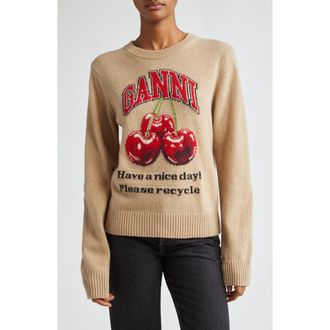Ganni Intarsia Knit Wool Blend Sweater in Safari at Nordstrom, Size Small