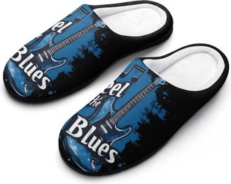Generic Blues Guitar Musicians Music Mens Warm Slippers Non-Slip Sole Winter Rubber Cotton Shoes for Bedroom