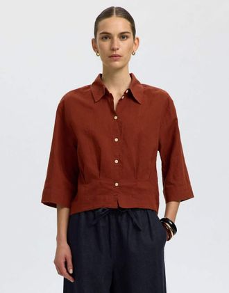 Selected Camicia a maniche corte color mogano ciliegia-Rosso