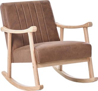 Beliani Sill&oacute;n Mecedora Tapizado De Piel Sint&eacute;tica Patas De Madera De Caucho Con Reposabrazos Sala De Estar Habitaci&oacute;n Infantil Marr&oacute;n Leknes