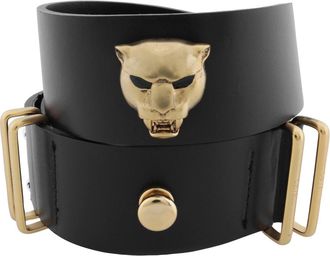 Roberto Cavalli Leather Belt with Panther Head Plaque, Size 80