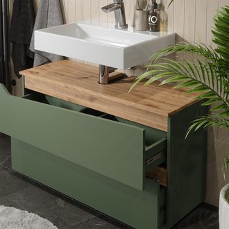 Vicco Mueble Bajo Lavabo Marelle, Verde/roble Artesanal, 100 X 57.5 Cm Con 2 Cajones, Vicco