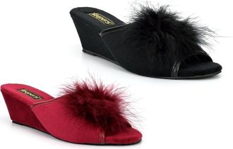 Generic Womens Jewelled Rosette Boa Slippers Size 5 Wedge Heel Slippers Size 6 Ladies Slip On Slipper Carpet Wedge Slipper Slip in Sizes 3-8 Black/Burgundy 3 