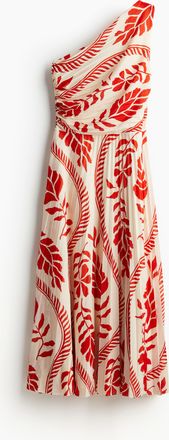 H&M Plissiertes One-Shoulder-Kleid - Cremefarben/Rot Gemustert