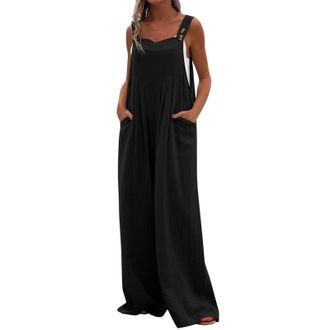 Generic Dungarees Womens Wide Leg Flare Jumpsuit with Pocket Loose Fit Baggy Playsuits Summer Boho Romper Sleeveless Strappy Overalls Casual Bib Pants Long Ju