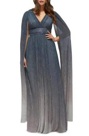 After Six Metallic Cape Sleeve Gown in Cosmic Blue at Nordstrom, Size Xx-Large