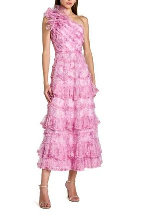 Mac Duggal Printed One Shoulder Ruffled A Line Midi Dress in Pastel Multi at Nordstrom, Size 12