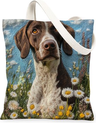 Generic Spring Shorthaired Pointer Dog Canvas Tote Bag for Shopping 13x15, Knitting Style Garden Puppy Reusable Grocery Print Pattern Bag for Women, Fun Pet B