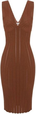 Elisabetta Franchi Kleedjes, Dames, Bruin, M, Leer, Gebreide opengewerkte jurk