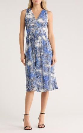 DKNY V-Neck Sleeveless Fit & Flare Midi Dress in Black/Blue at Nordstrom Rack, Size 10