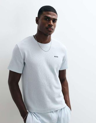 HUGO BOSS T-shirt azzurra lavorata a nido dape con logo sul petto in coordinato-Blu