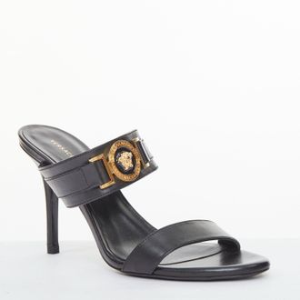 Versace gold buckle black leather sandals