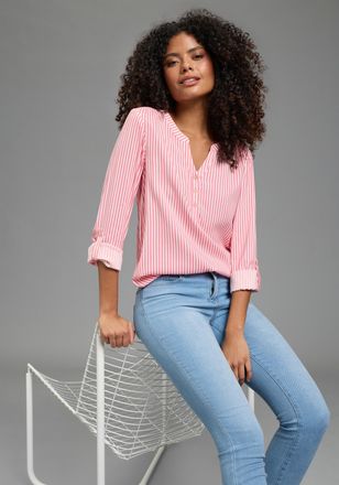 Kangaroos Schlupfbluse KANGAROOS, Damen, Gr. 36, pink gestreift, Web, Obermaterial: 100% Viskose, figurumspielend h&uuml;ftbedeckend, Rundhals, 1-Knopf-Manschette kr