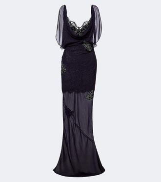 De La Vali Emerald lace-trimmed georgette gown