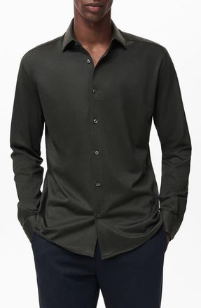 Mango Comfort Stretch Button-Up Shirt in Dark Green at Nordstrom, Size Large