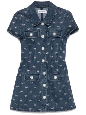 Self Portrait bow-embellished denim mini dress - women - Cotton - 10 - Blue