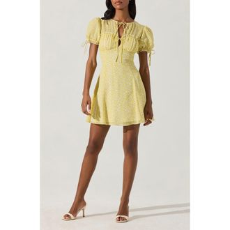 ASTR the Label Print Puff Sleeve Tie Front Dress in Yellow Ditsy Floral at Nordstrom, Size Small