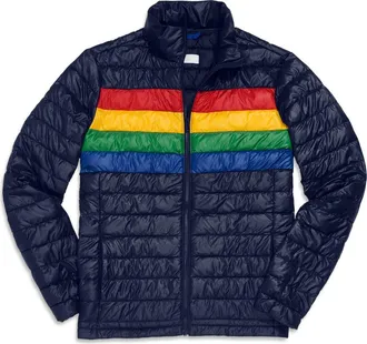 primary Grown-Ups Puffer Jacket In Stripe in Navy Bold Rainbow at Nordstrom, Size Xx-Large