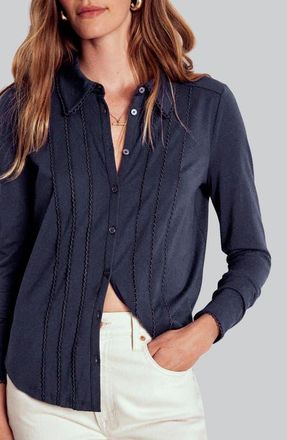 Boden Picot Trim Jersey Button-Up Shirt in Navy at Nordstrom, Size 14