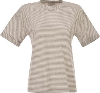 PESERICO Tops, Dames, Beige, M, Katoen, Gestreepte Linnen en Katoenen T-shirt