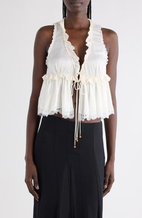 Chlo&eacute; Lace Trim Tie Front Silk Top in Iconic Milk at Nordstrom, Size 8 Us