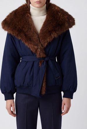 Eleh Short Faux Fur Robe-Style Jacket with Belt and Sailor Collar