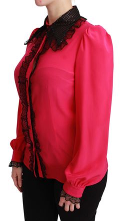 Dolce & Gabbana Womens Silk With Black Sequin Lace Trim Blouse Pink Elastane
