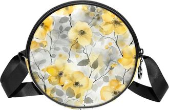 Generic Circle Crossbody Bag for Women, Floral Leaves Small Sling Bag Daypack with Zipper Adjustable Shoulder Straps Casual Ladies Girls Round Purse