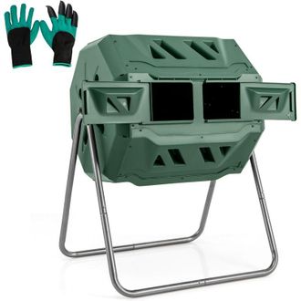 Costway Costway - Compostiera da Giardino 160 l, Bidone per Compostaggio a Doppia Vasca con 2 Porte Scorrevoli e Telaio Metallico Robusto, Compostiera