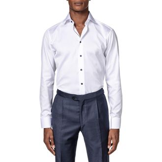 Eton Slim Fit Cotton Twill Dress Shirt in White/Navy at Nordstrom Rack, Size 14.5