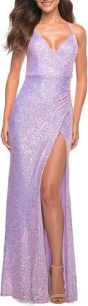 La Femme Vibrant Wrap Style Sequin Dress with Slit in Light Periwinkle at Nordstrom, Size 10
