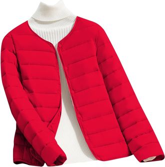 Generic Parka Jacket Womens Lightweight Packable Padded Jackets for Women Collarless Button Down Quilted Puffer Jacket Plus Size Compressible Down Feather Coa