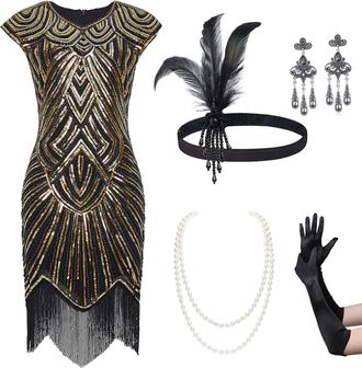 Babeyond 1920s Flapper Dresses Set 20s Great Gatsby Dress 1920s Fringed Dress with Accessories Set, Set - Black Gold, S