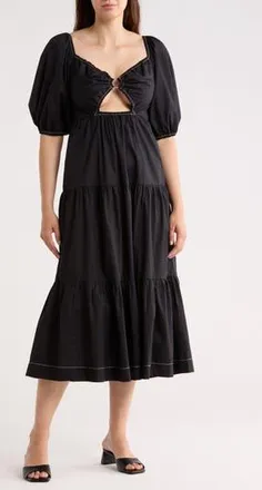 Dress To Puff Sleeve Tiered Cotton Midi Dress in Black at Nordstrom Rack, Size Xx-Small