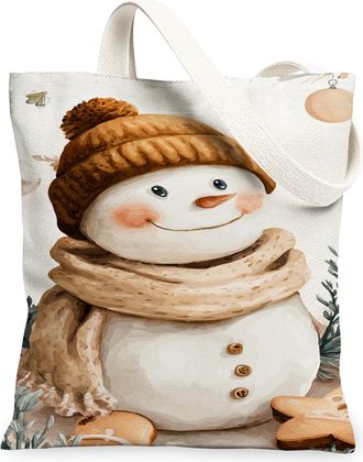Generic Winter Snow Man Canvas Tote Bags, Cold Character Pattern Reusable Grocery Bags, Lightweight Washable Shoulder Strap Canvas, White, 13x15 Inch