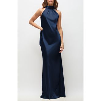 After Six Anais Scarf Neck Satin Charmeuse Gown in Midnight at Nordstrom, Size Xx-Small