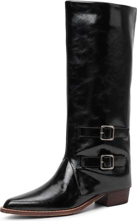 Generic Womens Pointed Toe Knee High Boots with Buckle Pull on Slouch Long Boot Chunky Block Heel Wide-Calf Boots,Black Single Lining,6.5 UK