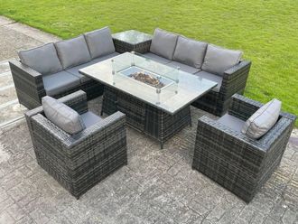 Fimous PE Rattan Garden Corner Furniture Gas Fire Pit Table Sets Gas Heater Lounge Chair in Dark Grey