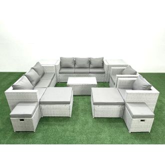 Fimous Fimous 11 Pieces Rattan Garden Furniture Set Outdoor Garden Sofa Chair Coffee Table Set with 4 Footstools 2 Side Tables Light Grey Mixed