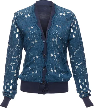 Lanvin Silk Cotton Floral Lace Sheer Long Sleeve V Neck Cardigan