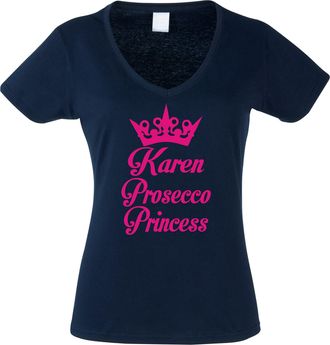Edward Sinclair Personalised Prosecco Princess Womens Fitted Navy V Neck T-Shirt with Hot Pink Print