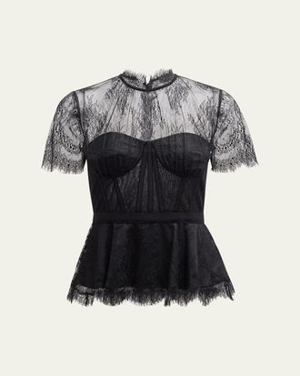 SIMKHAI Kehlani Sheer Lace Short-Sleeve Peplum Bustier Top