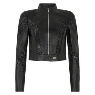 Philipp Plein Fitted Biker Jacket met kanten details - Dames - Leren en Su&egrave;de Jassen - Zwart - M - Leer - Jassen