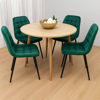 Kosy Koala Modern Round Dining Table Set With 4 Green Velvet Chairs