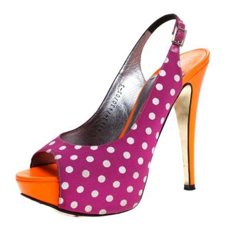 Gina Purple/orange Polka Dot Fabric And Patent Open Toe Slingback Sandals