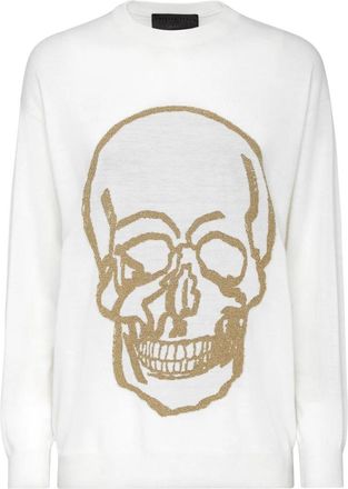 Philipp Plein Wool Pullover Round Neck LS - Dames - Ronde hals truien - Wit - L - Wol - Truien & Vesten